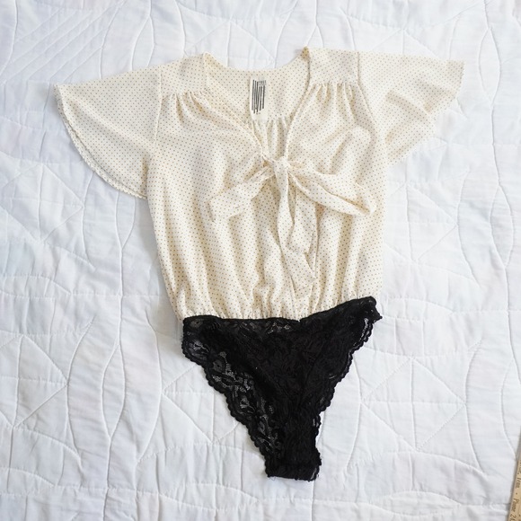 Free People Tops - Free People Uptown Girl Flutter‎ Bodysuit Polka Dot Tie Front Black Lace Thong S